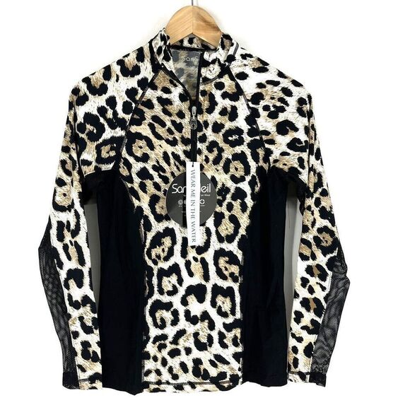 San Soleil Top Size XS Womens Brown Long Sleeve Leopard Print 1/4 Zip Mesh Swim - Picture 1 of 9